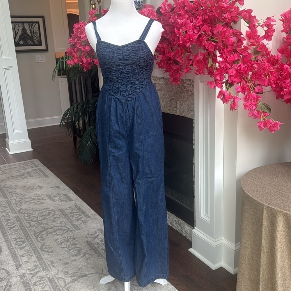 America Eagle Smocked Wide Leg Women's Denim Jumpsuit -Size XXS - Picture 7 of 7